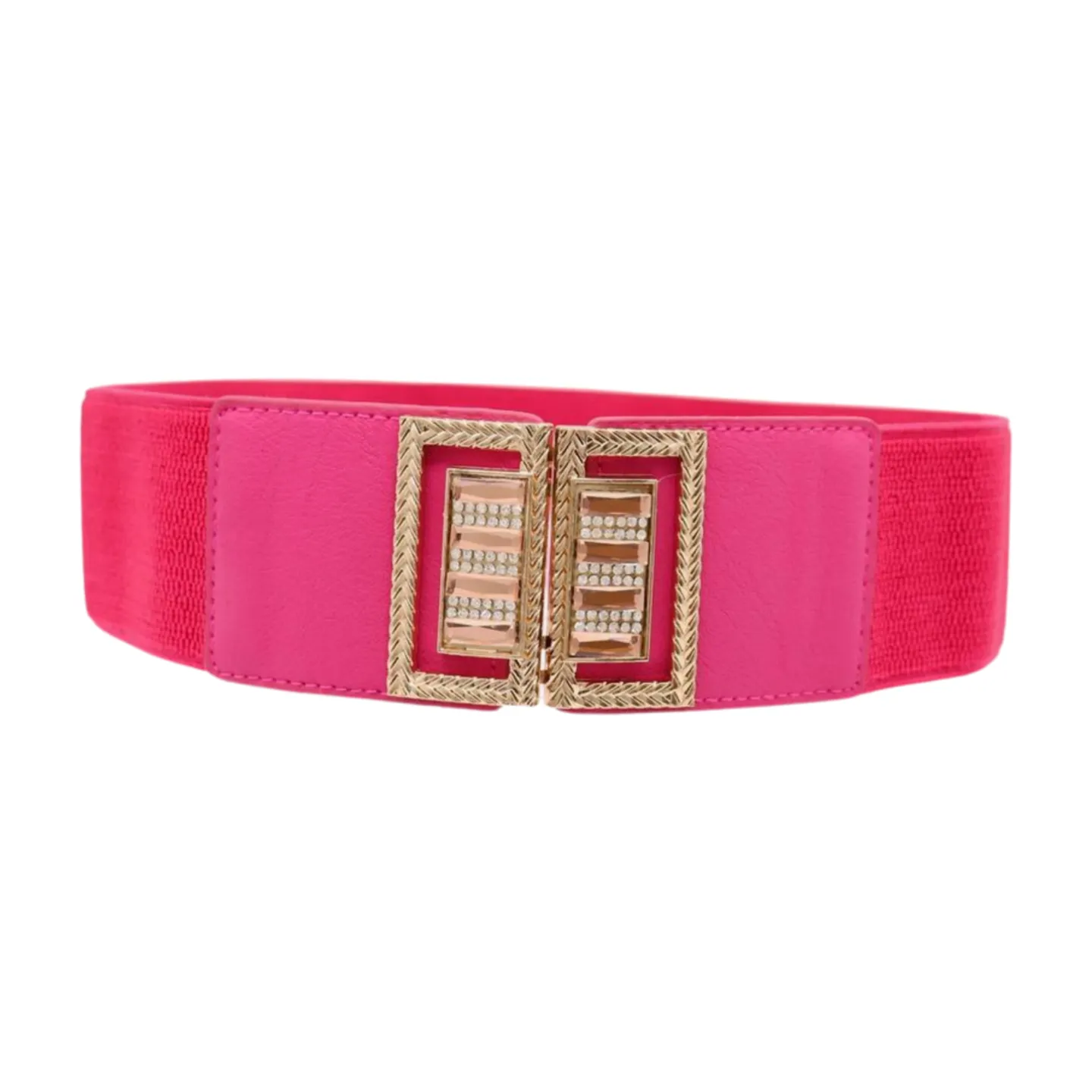New Women Pink Elastic Fashion Belt Gold Bling Square Buckle S M