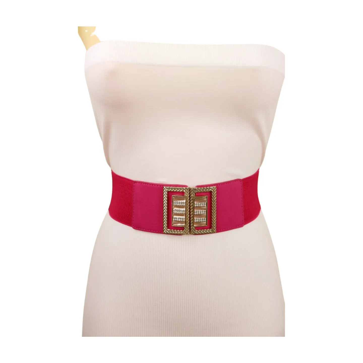 New Women Pink Elastic Fashion Belt Gold Bling Square Buckle S M