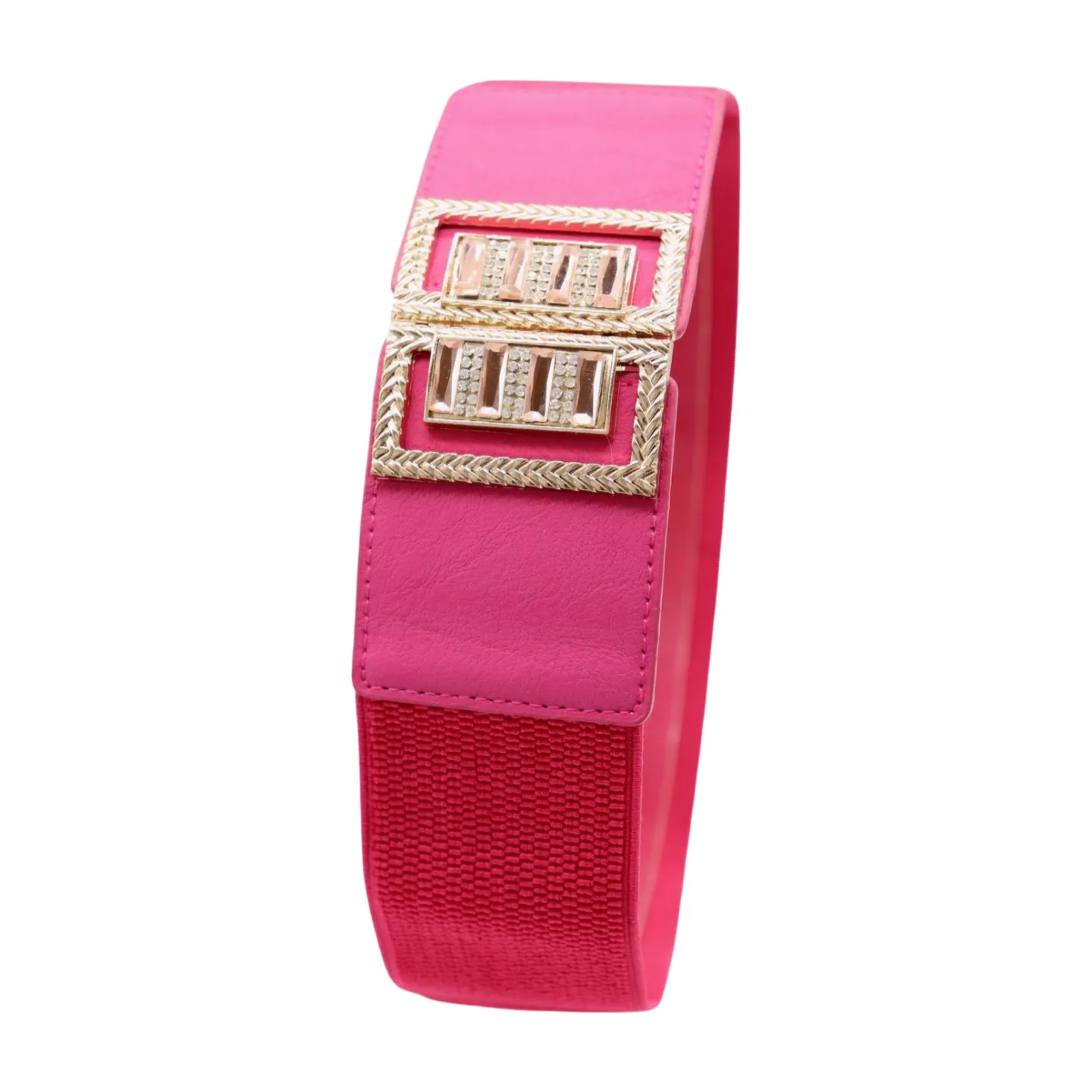 New Women Pink Elastic Fashion Belt Gold Bling Square Buckle S M