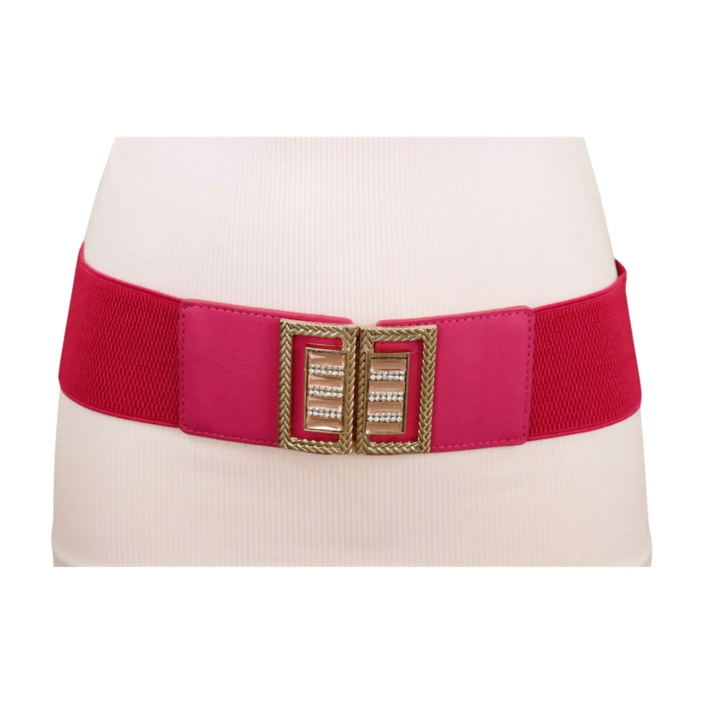 New Women Pink Elastic Fashion Belt Gold Bling Square Buckle S M