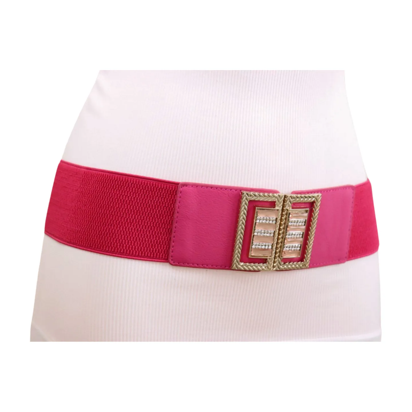 New Women Pink Elastic Fashion Belt Gold Bling Square Buckle S M