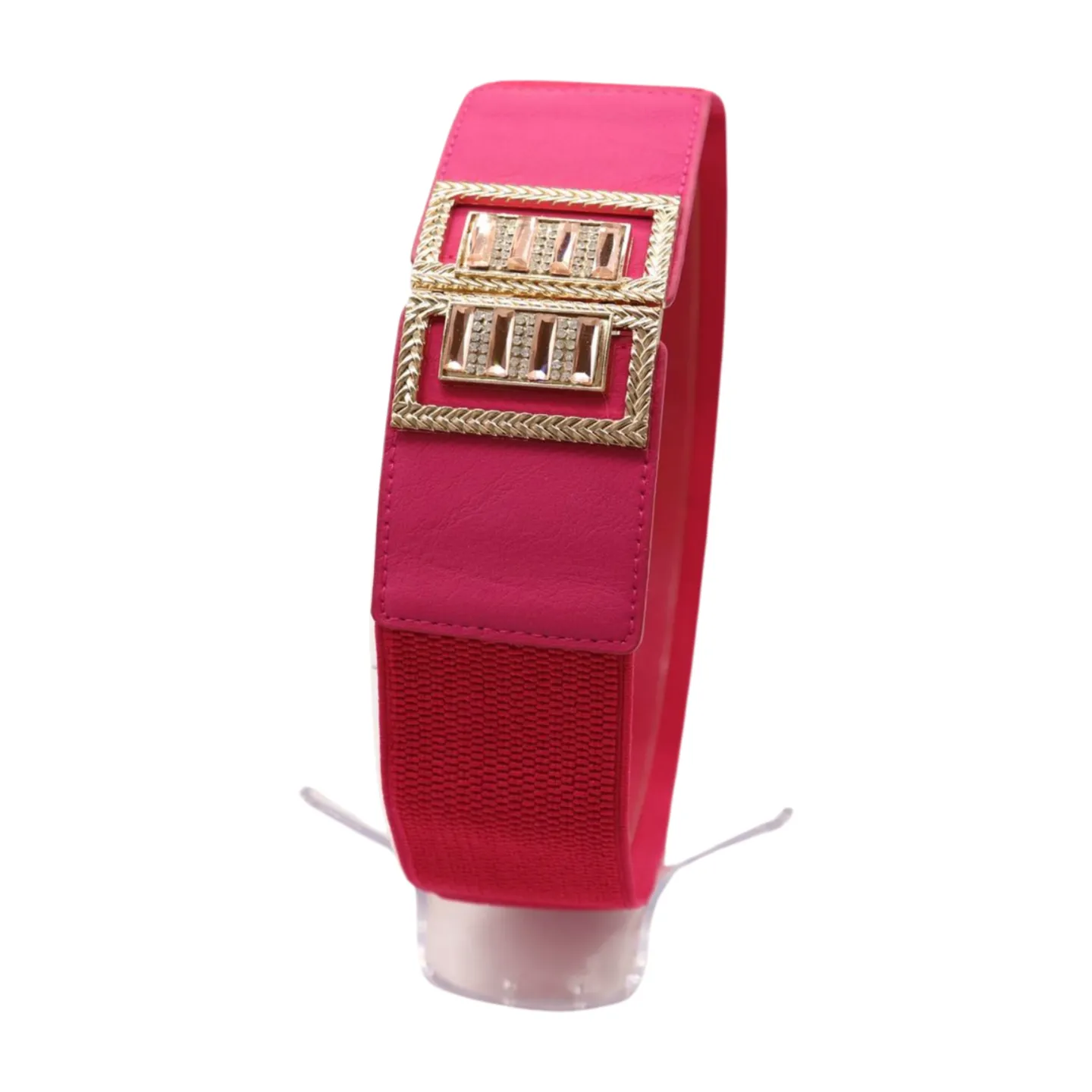 New Women Pink Elastic Fashion Belt Gold Bling Square Buckle S M