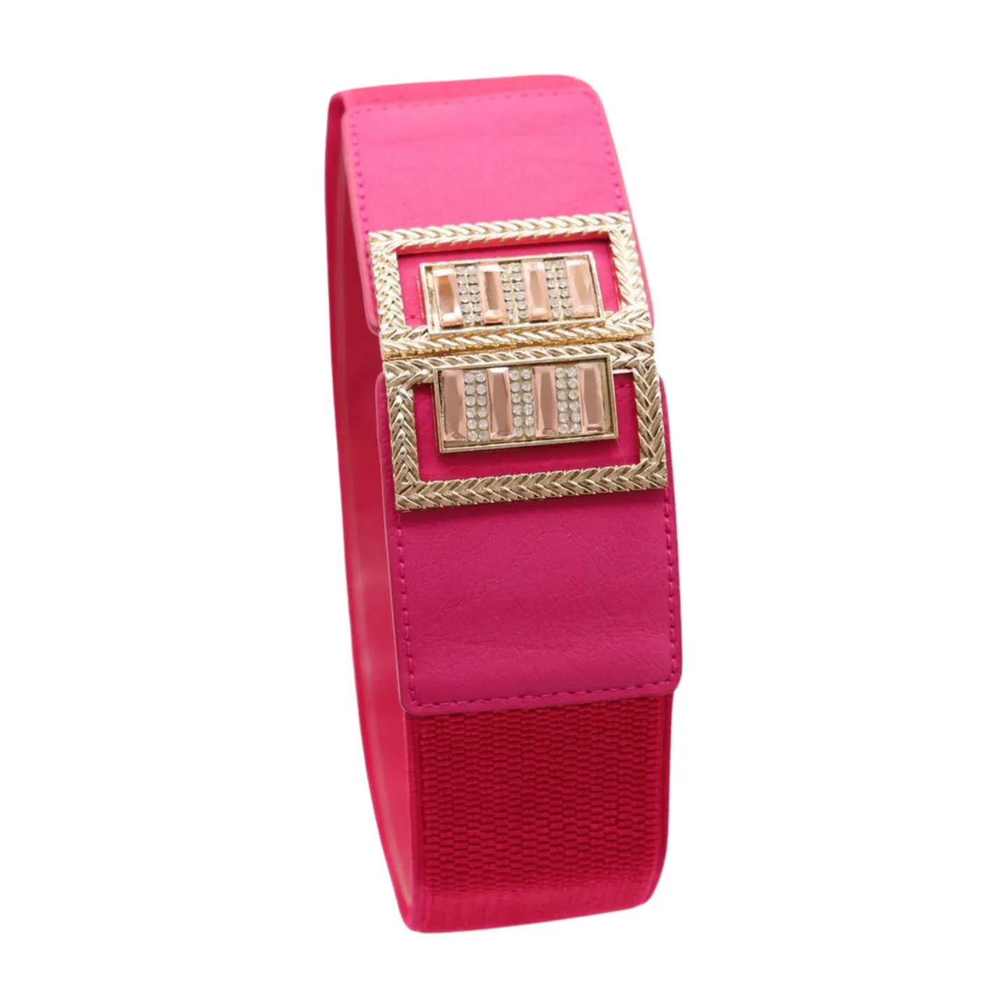 New Women Pink Elastic Fashion Belt Gold Bling Square Buckle S M