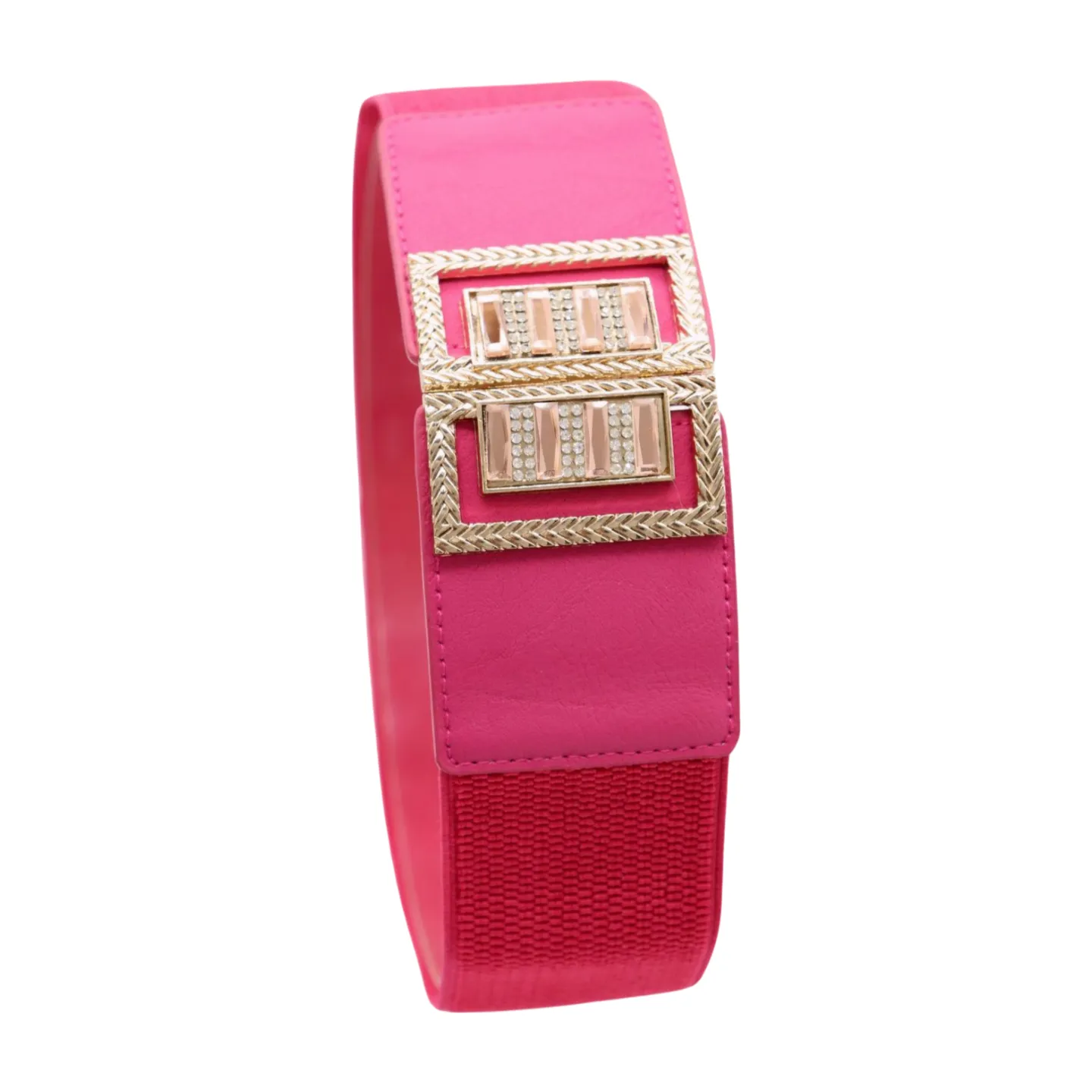 New Women Pink Elastic Fashion Belt Gold Bling Square Buckle S M