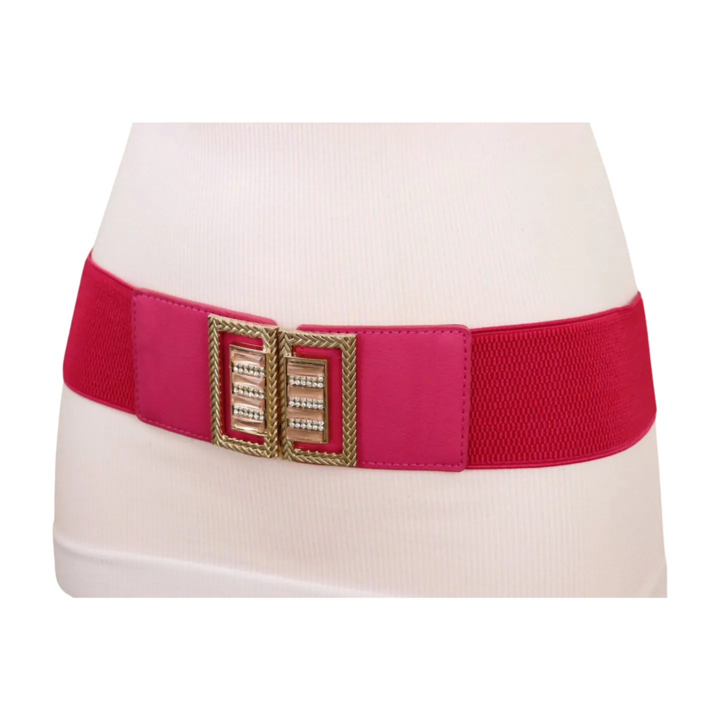New Women Pink Elastic Fashion Belt Gold Bling Square Buckle S M