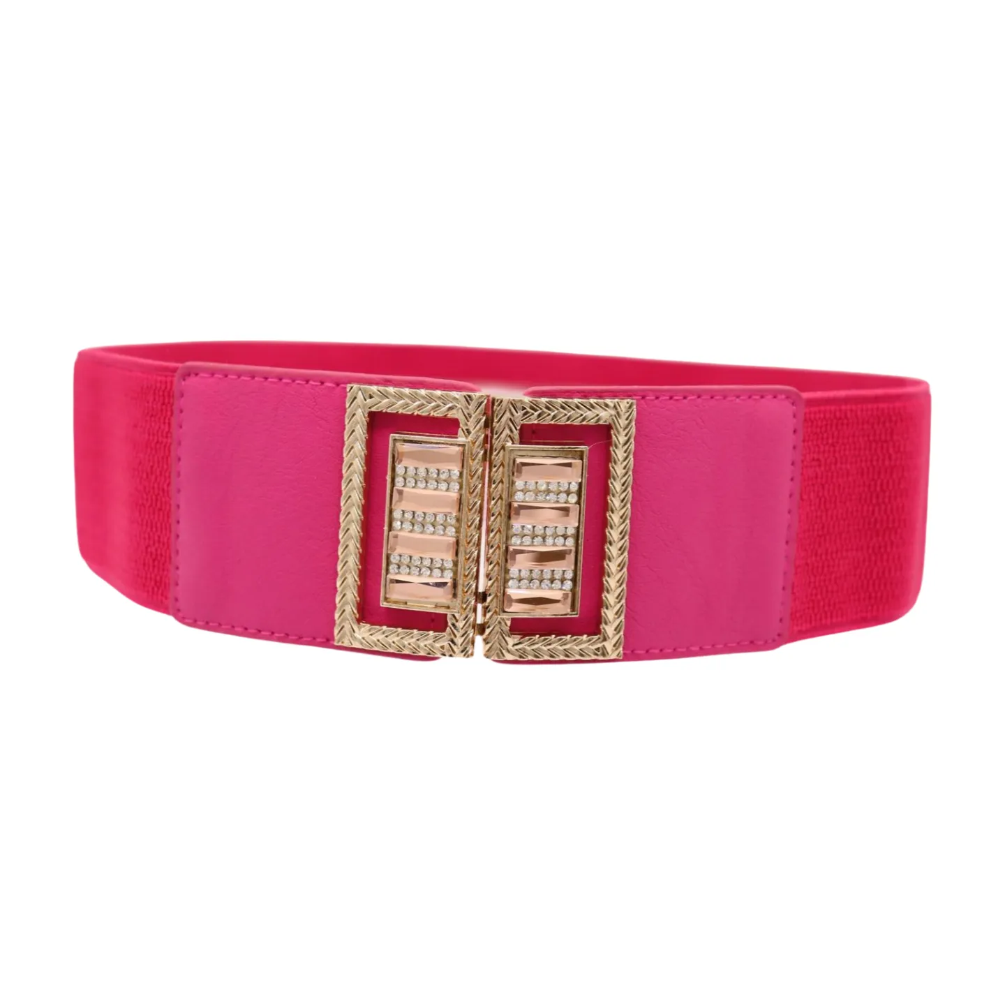 New Women Pink Elastic Fashion Belt Gold Bling Square Buckle S M