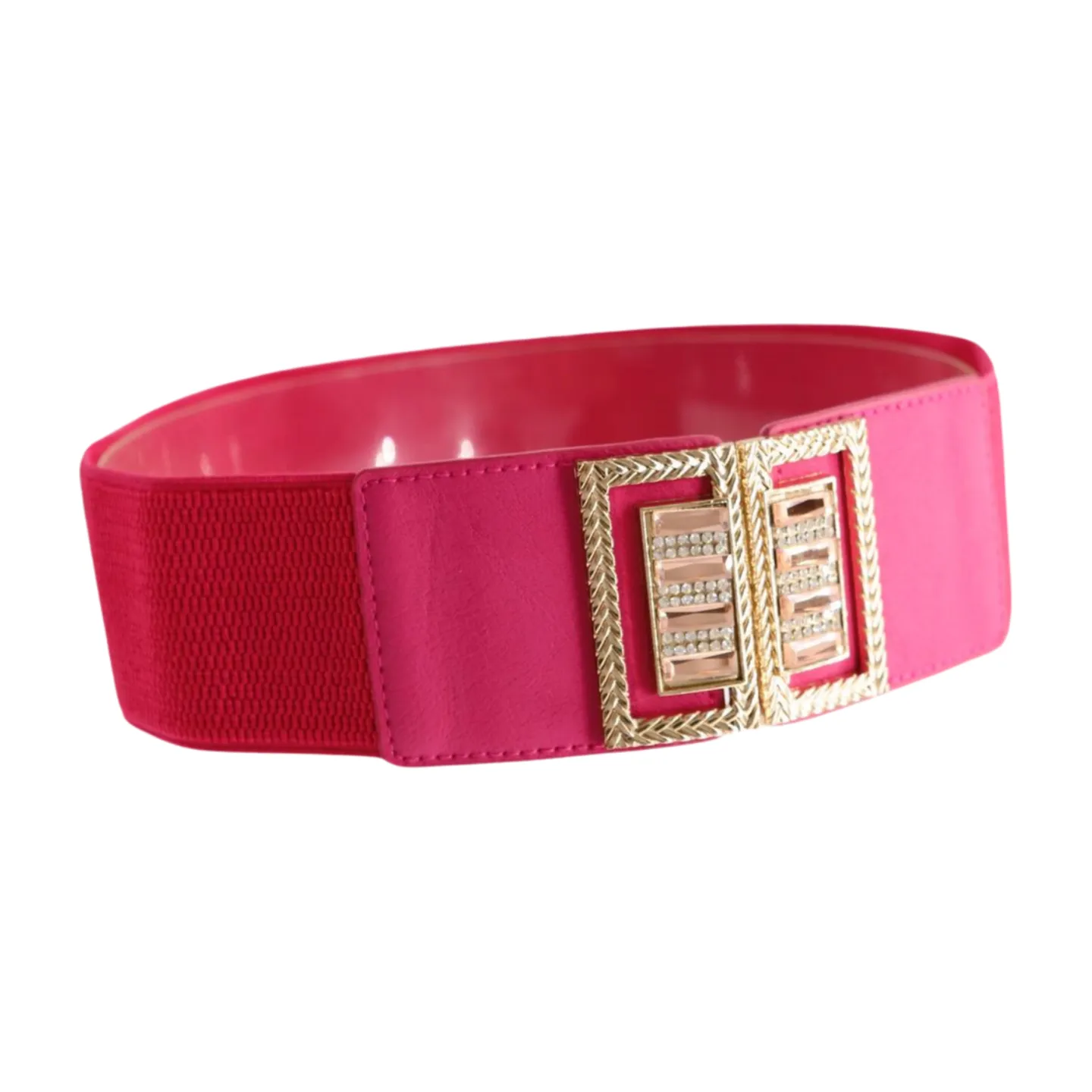 New Women Pink Elastic Fashion Belt Gold Bling Square Buckle S M