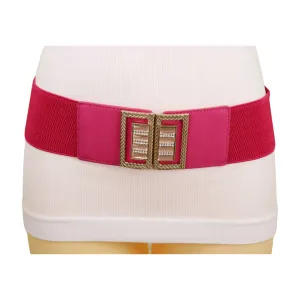 New Women Pink Elastic Fashion Belt Gold Bling Square Buckle S M