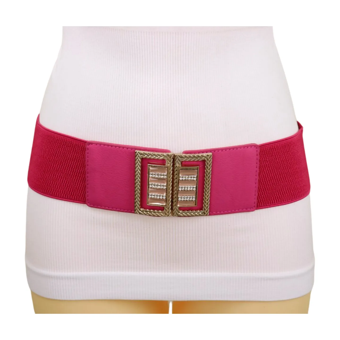 New Women Pink Elastic Fashion Belt Gold Bling Square Buckle S M
