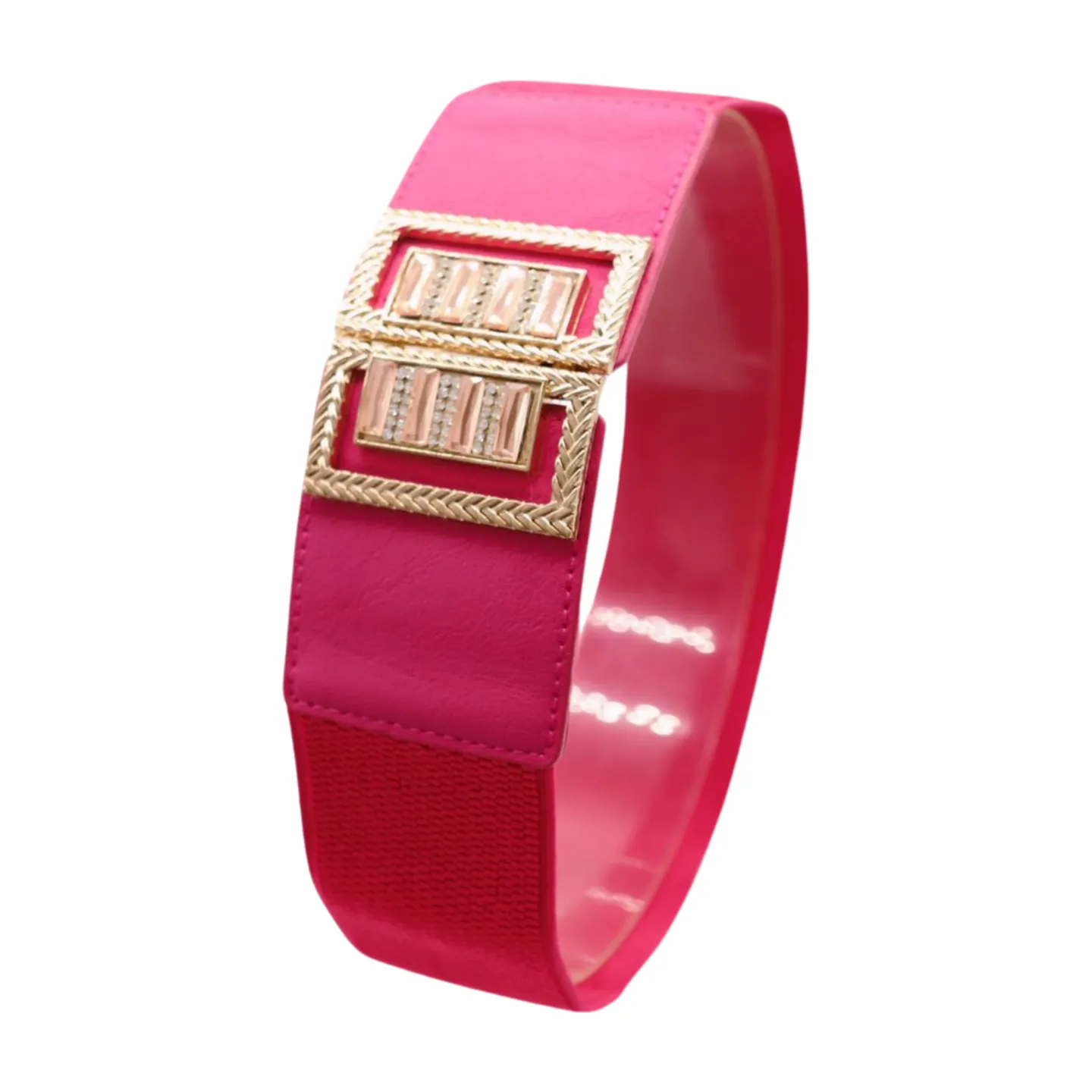 New Women Pink Elastic Fashion Belt Gold Bling Square Buckle S M