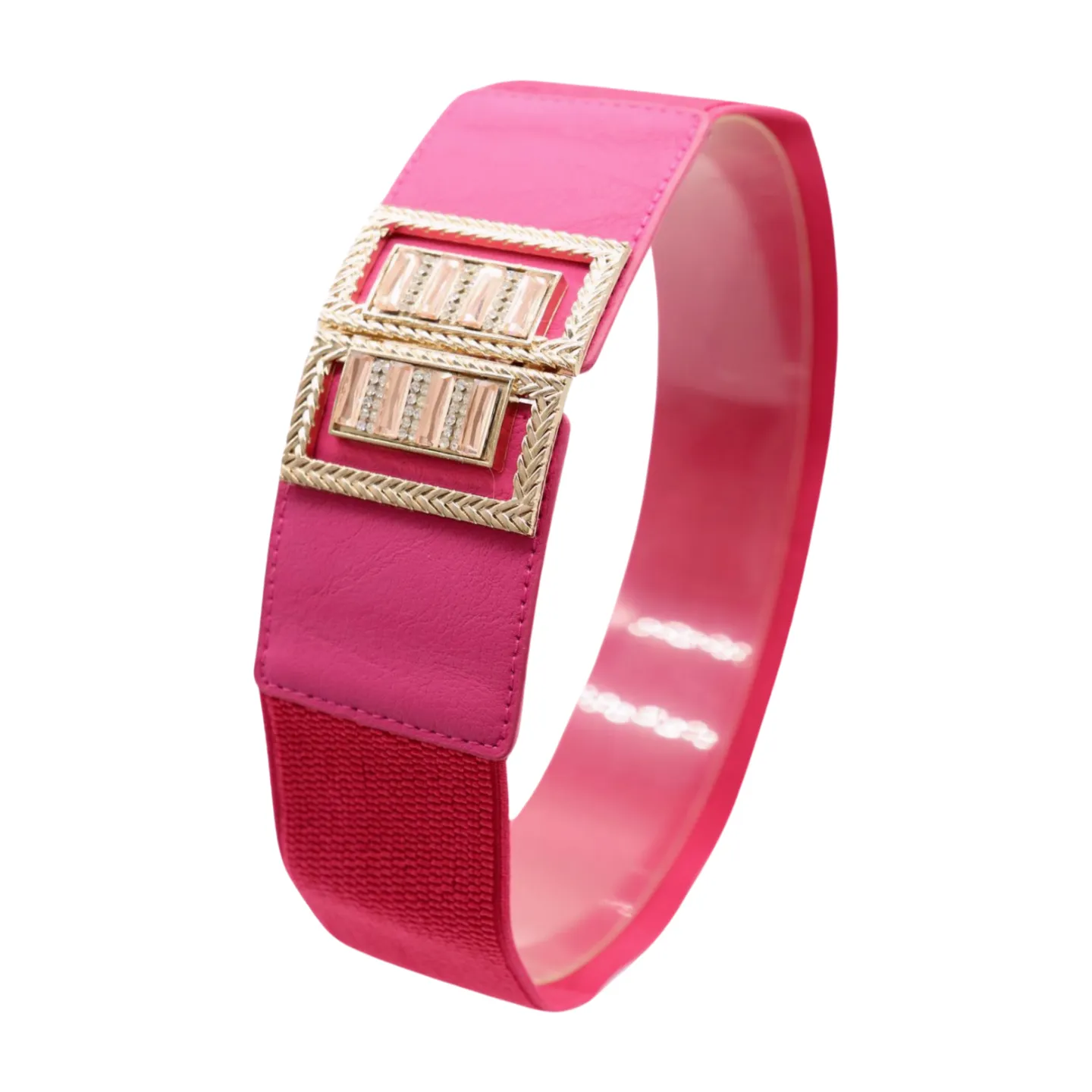 New Women Pink Elastic Fashion Belt Gold Bling Square Buckle S M