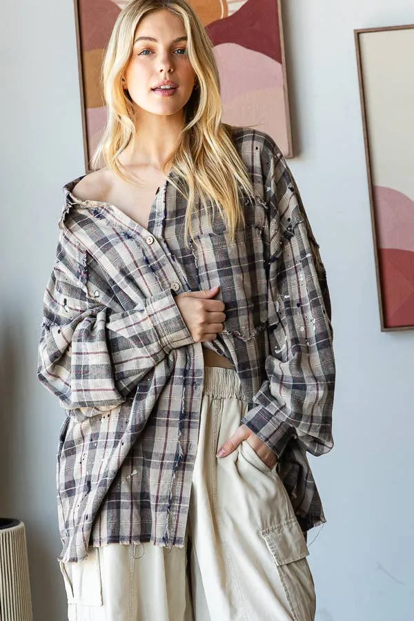 OLI & HALI Grey Washed Plaid Button Front Shirt
