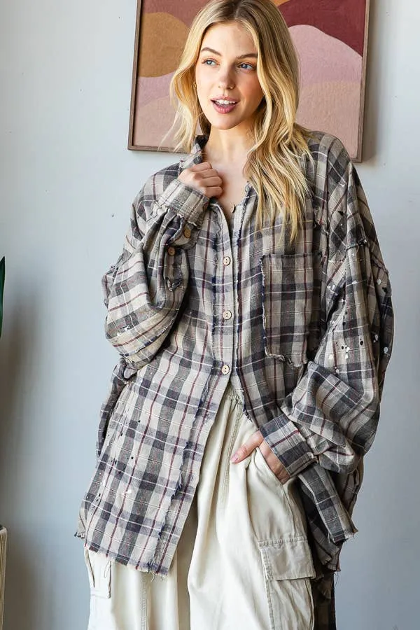 OLI & HALI Grey Washed Plaid Button Front Shirt