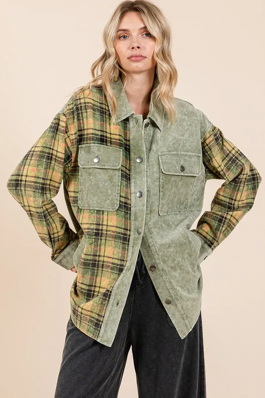 Olive Plaid Button Down Drop Shoulder Jacket