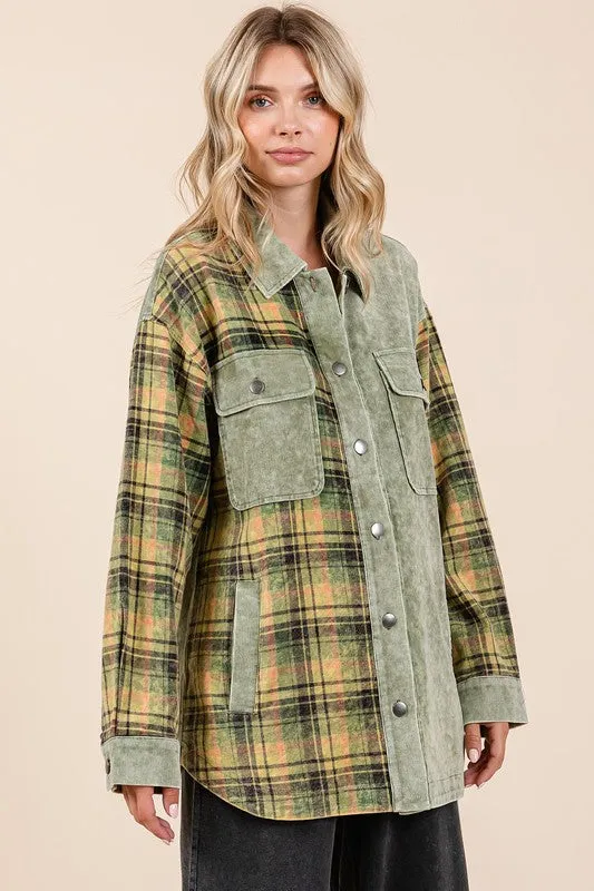 Olive Plaid Button Down Drop Shoulder Jacket