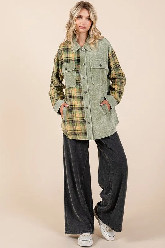 Olive Plaid Button Down Drop Shoulder Jacket