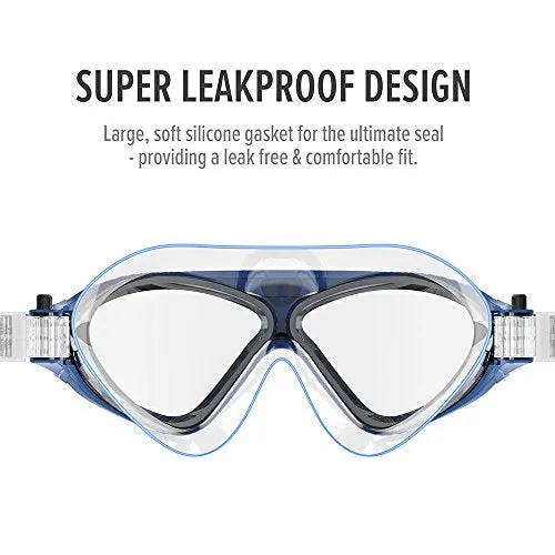 OutdoorMaster Swim Mask - Wide View One-Piece Swimming Goggles with Super Leakproof Design, 100% UV Protection, Anti-Fog Coating & Free Protective Case - for Men, Women & Youth Blue