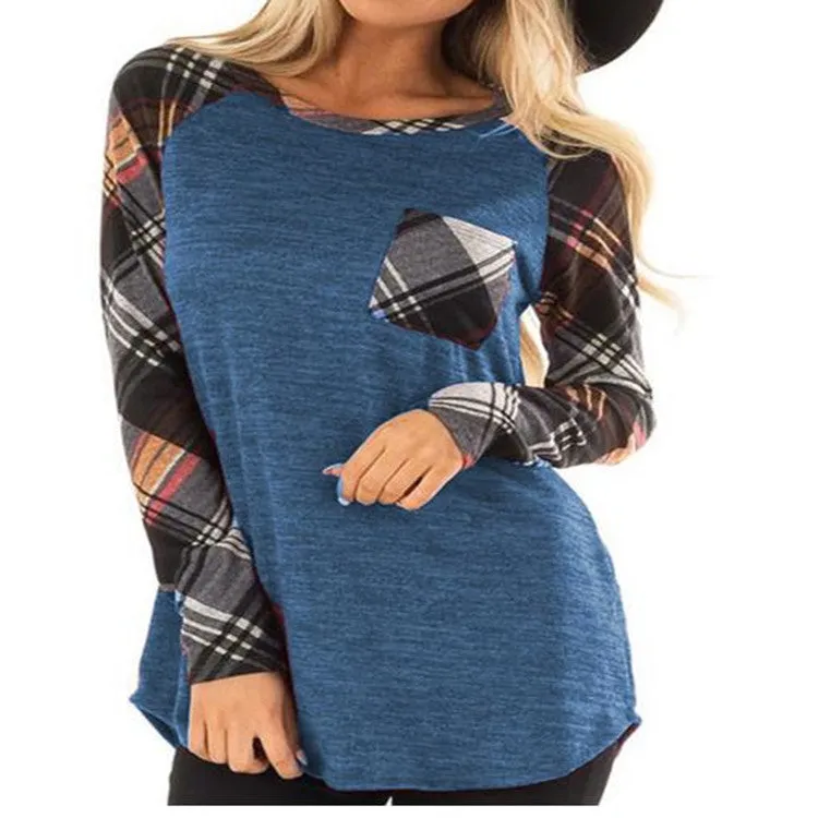 Patch Pocket Raglan Sleeve Plaid Top 2747