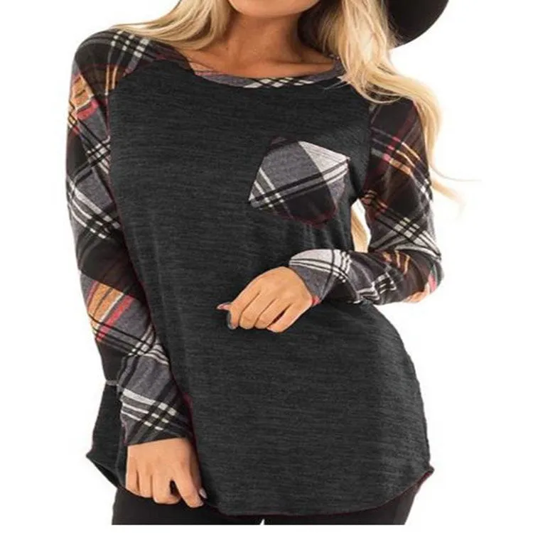 Patch Pocket Raglan Sleeve Plaid Top 2747