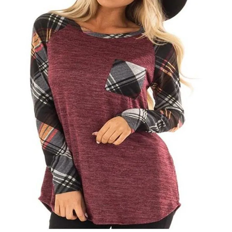 Patch Pocket Raglan Sleeve Plaid Top 2747