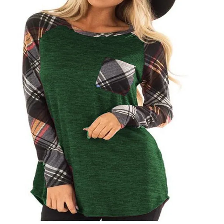 Patch Pocket Raglan Sleeve Plaid Top 2747