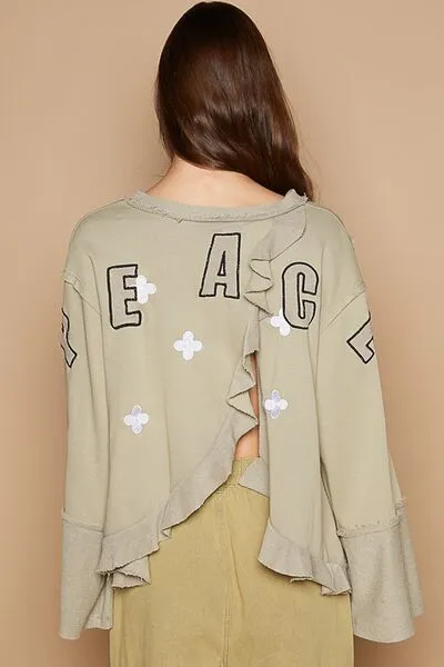 Peace Out Baby Wheat Grass Embroidered V-Neck Top
