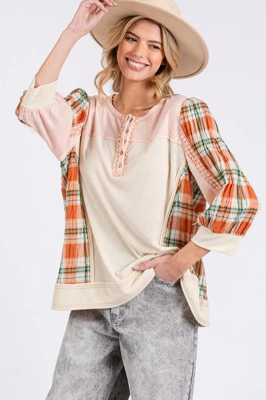 Pink Exposed Seam Button Detail Plaid Top