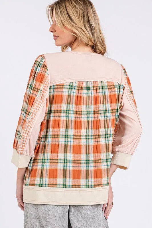 Pink Exposed Seam Button Detail Plaid Top