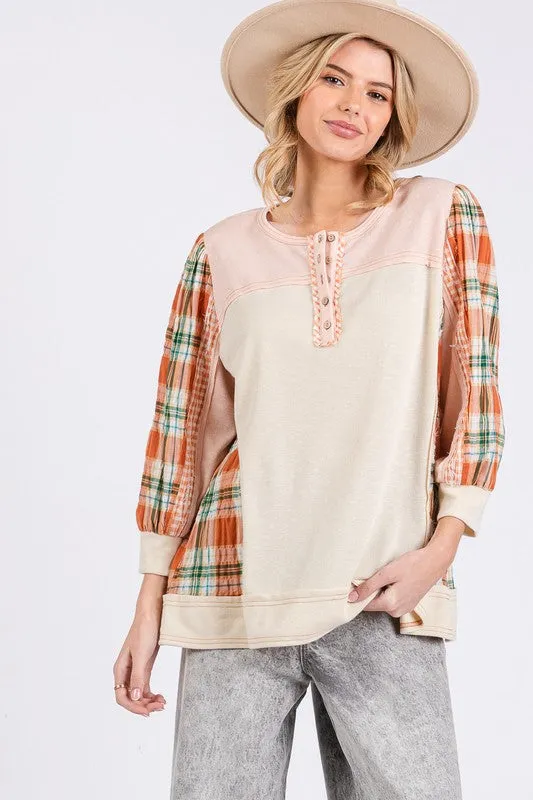 Pink Exposed Seam Button Detail Plaid Top