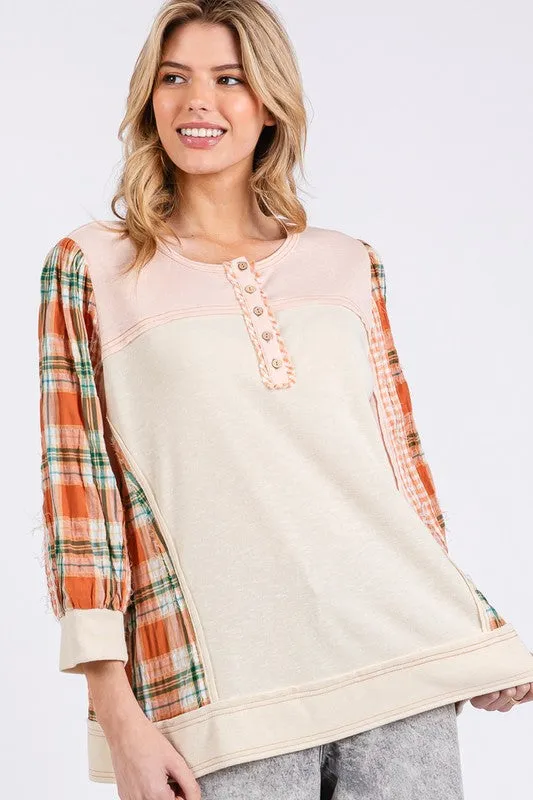 Pink Exposed Seam Button Detail Plaid Top