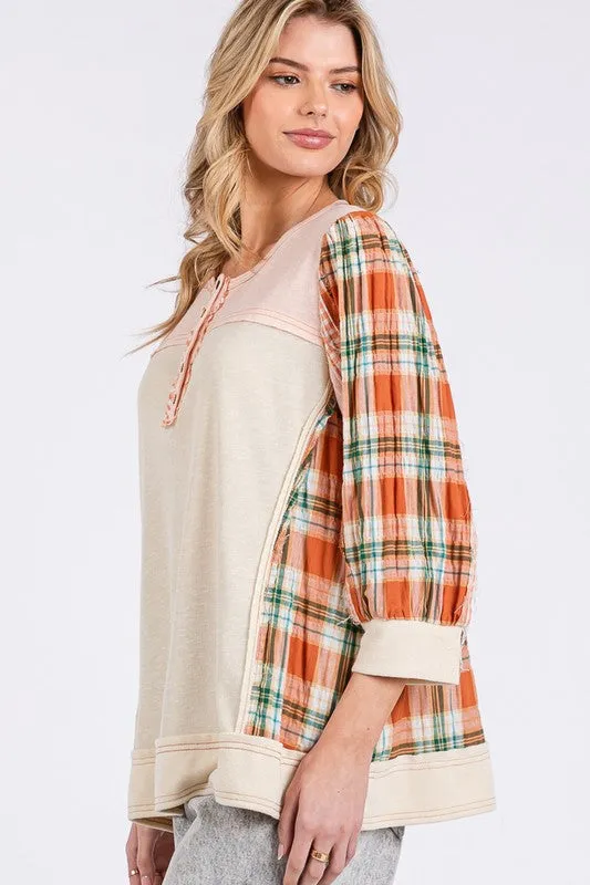 Pink Exposed Seam Button Detail Plaid Top