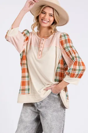 Pink Exposed Seam Button Detail Plaid Top