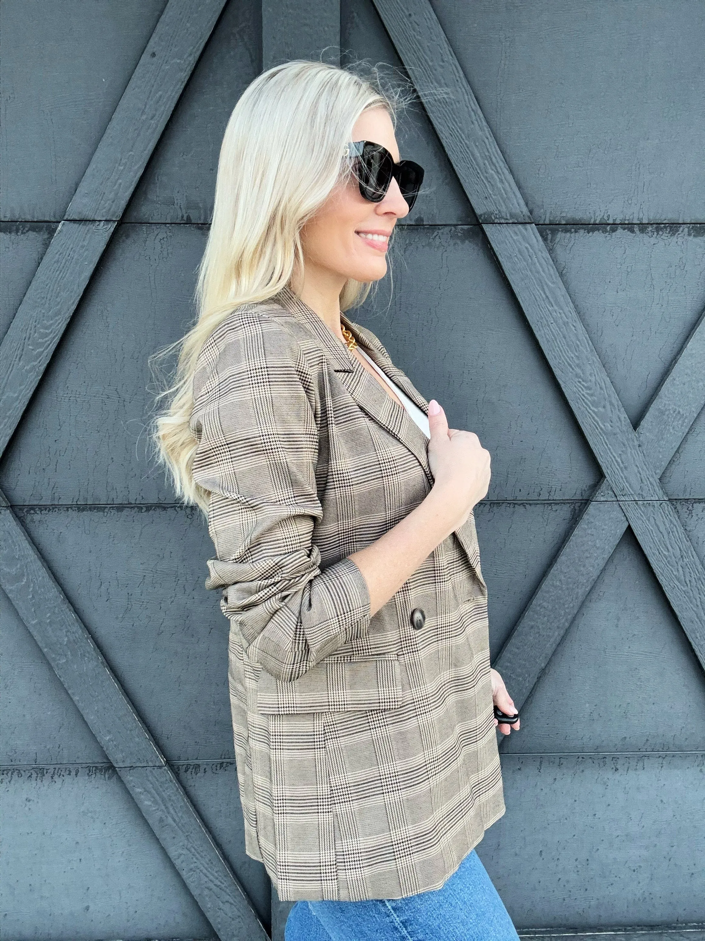 Plaid Collared Blazer In Khaki