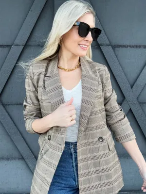 Plaid Collared Blazer In Khaki