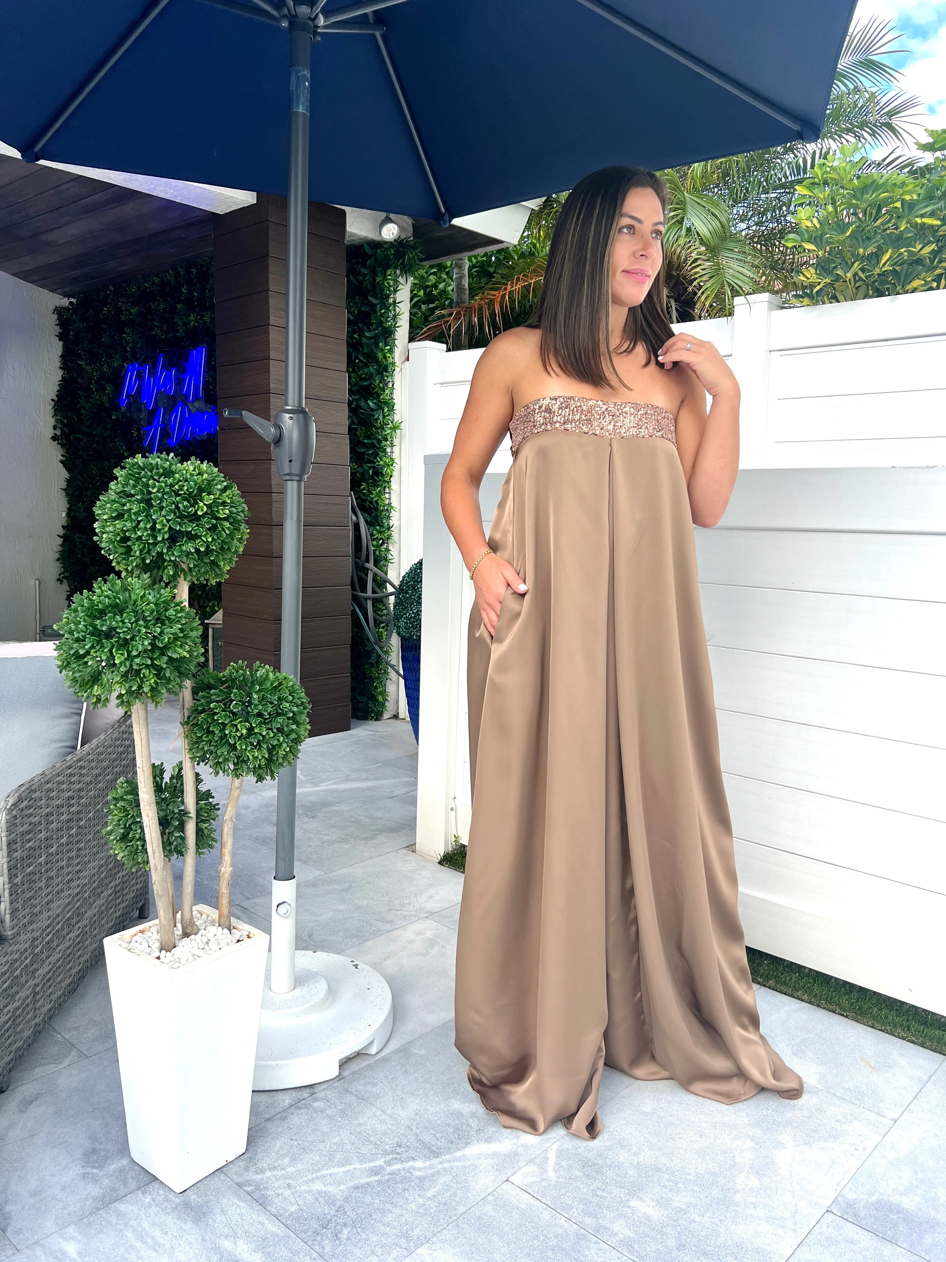 "Macarena" Strapless Wide Leg Jumpsuit