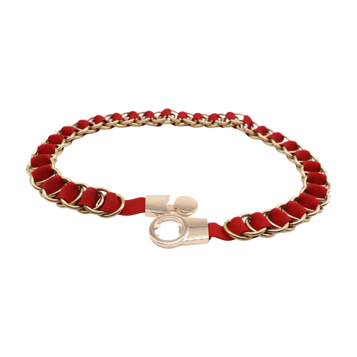 Red Elastic Skinny Band Belt Gold Chain Links S M