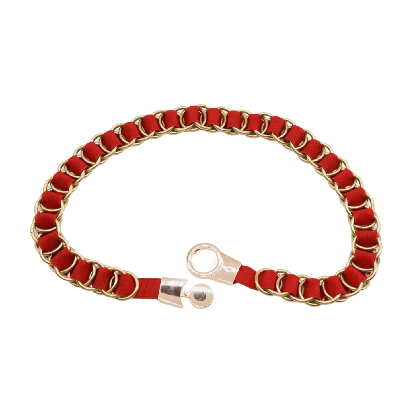 Red Elastic Skinny Band Belt Gold Chain Links S M