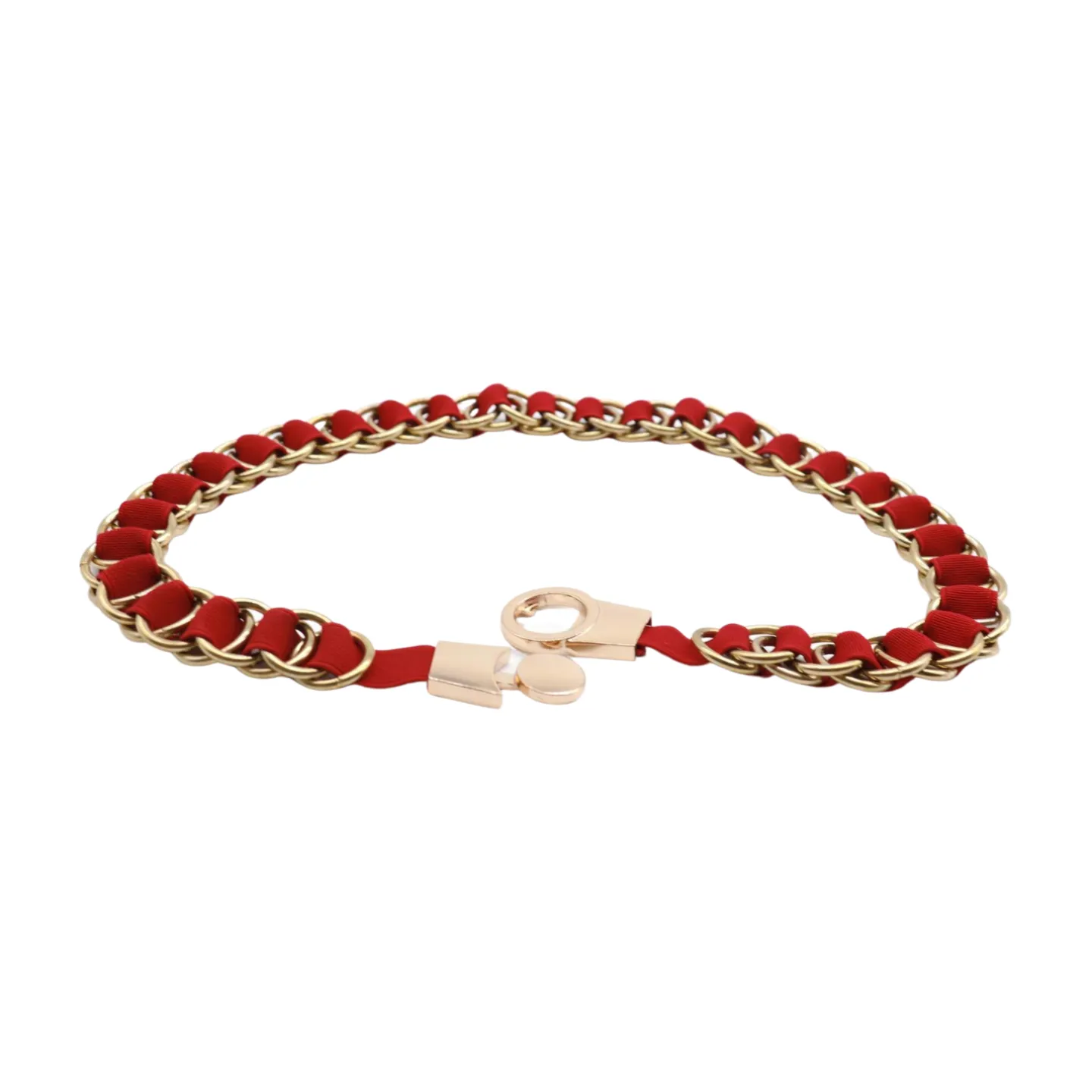 Red Elastic Skinny Band Belt Gold Chain Links S M