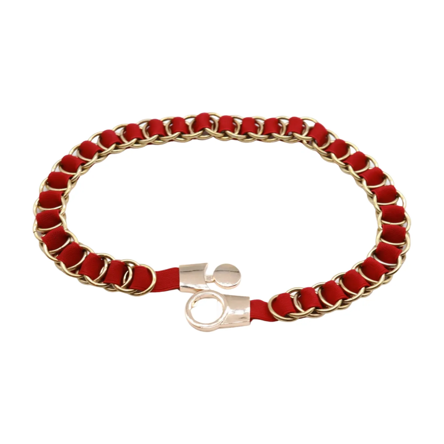 Red Elastic Skinny Band Belt Gold Chain Links S M