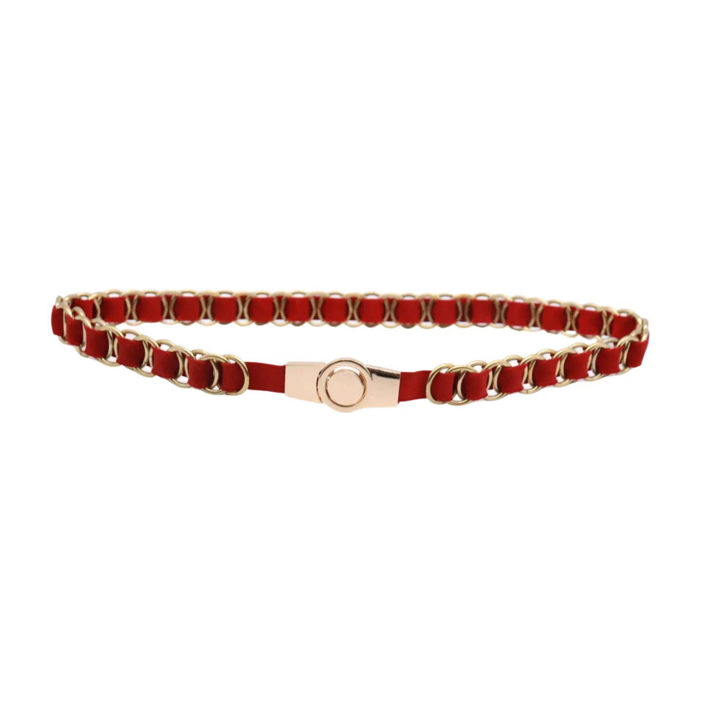 Red Elastic Skinny Band Belt Gold Chain Links S M