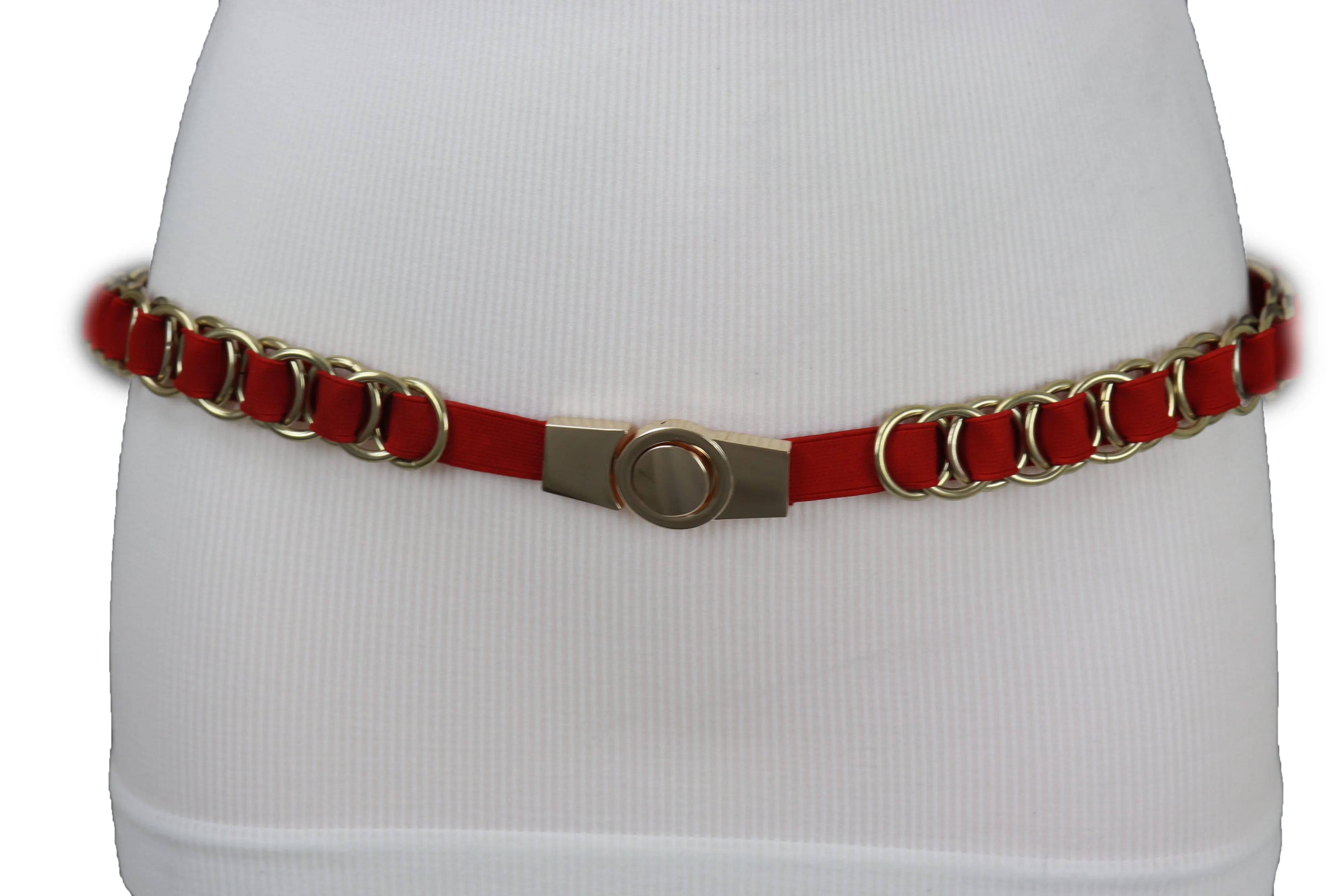 Red Elastic Skinny Band Belt Gold Chain Links S M