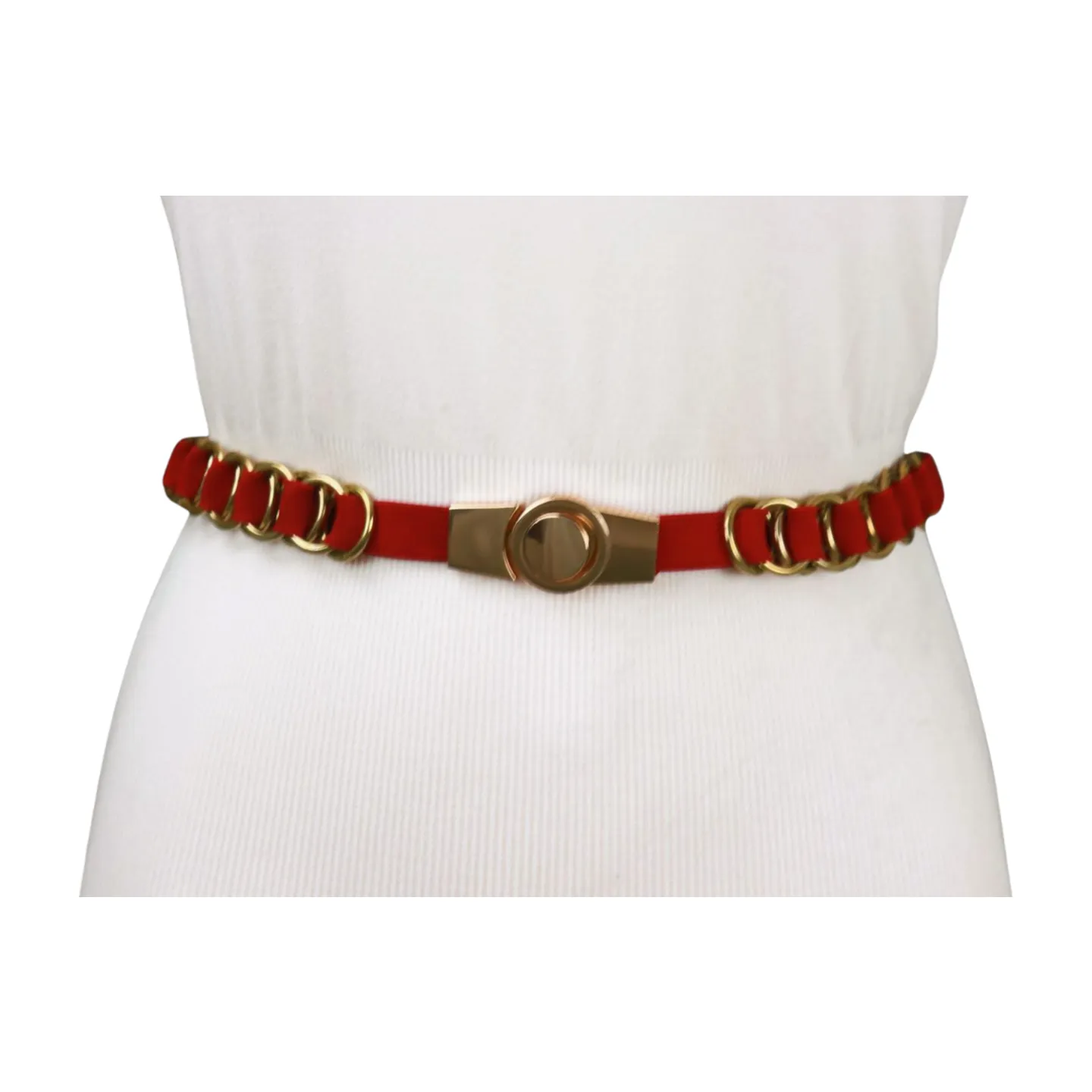 Red Elastic Skinny Band Belt Gold Chain Links S M