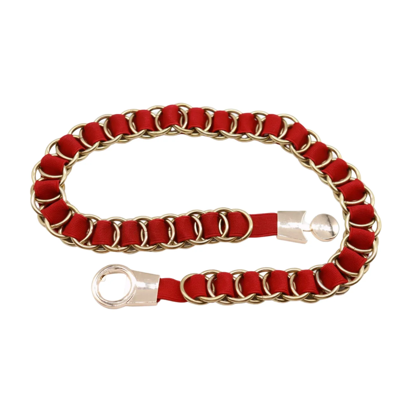 Red Elastic Skinny Band Belt Gold Chain Links S M