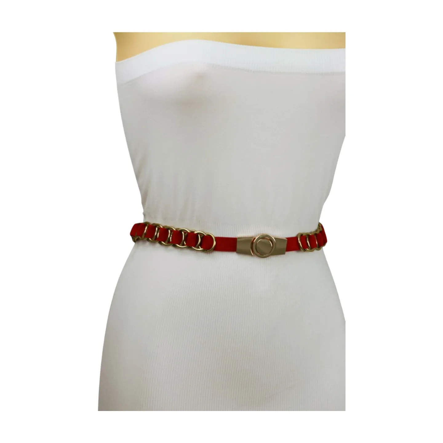 Red Elastic Skinny Band Belt Gold Chain Links S M