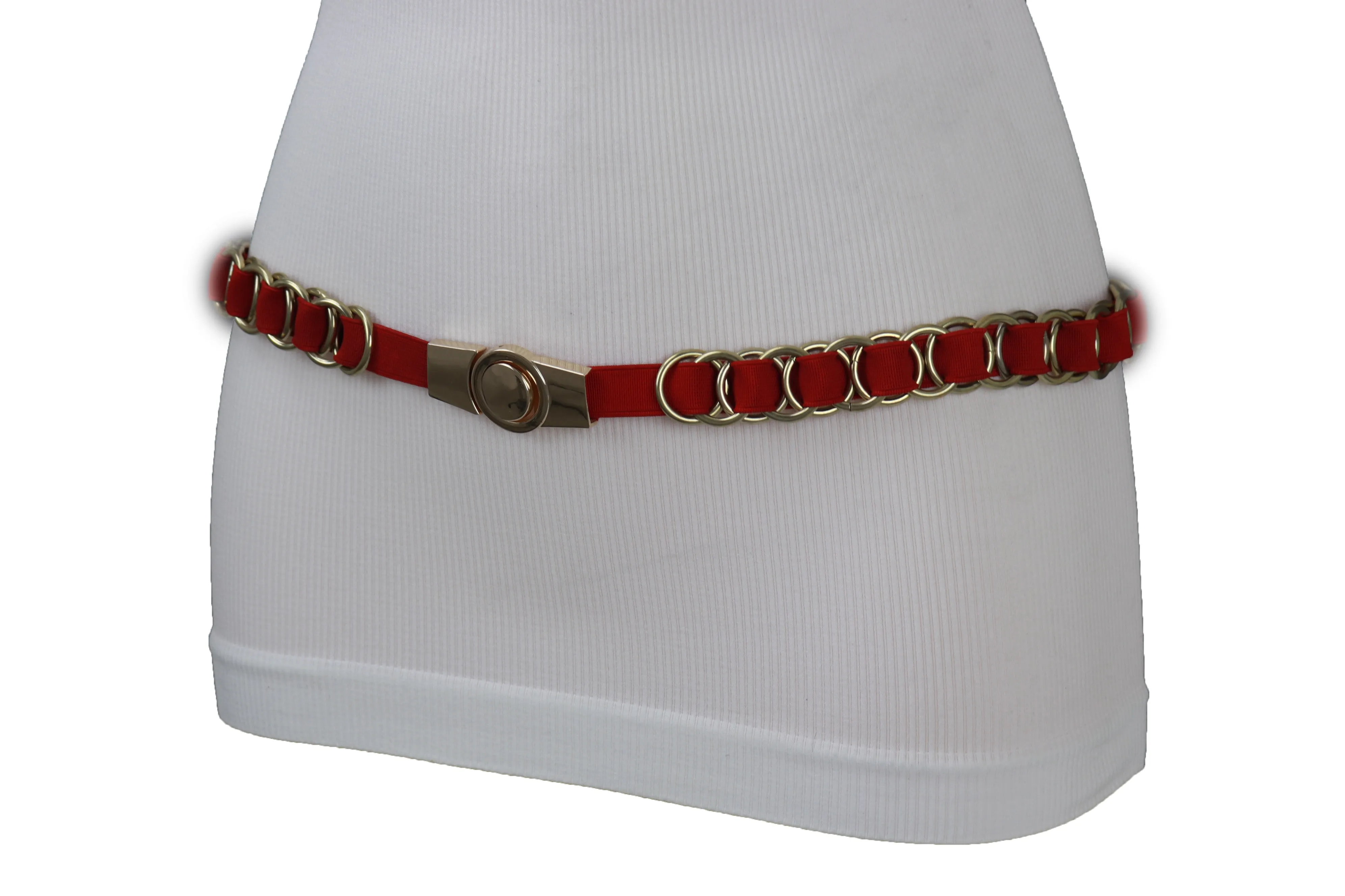 Red Elastic Skinny Band Belt Gold Chain Links S M