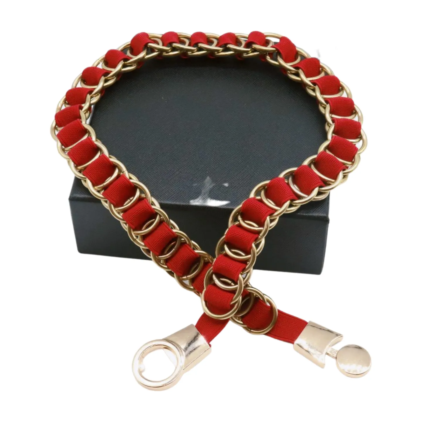 Red Elastic Skinny Band Belt Gold Chain Links S M