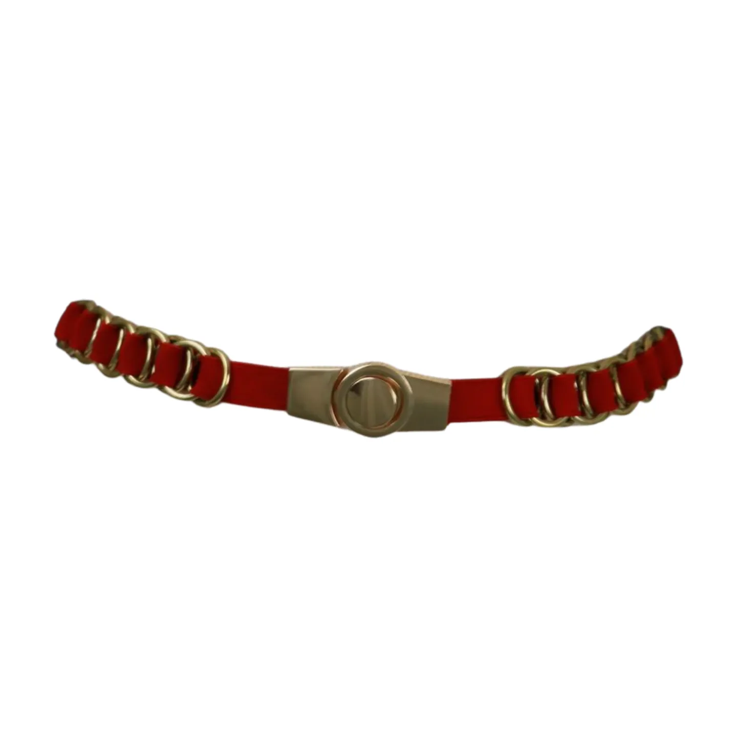 Red Elastic Skinny Band Belt Gold Chain Links S M