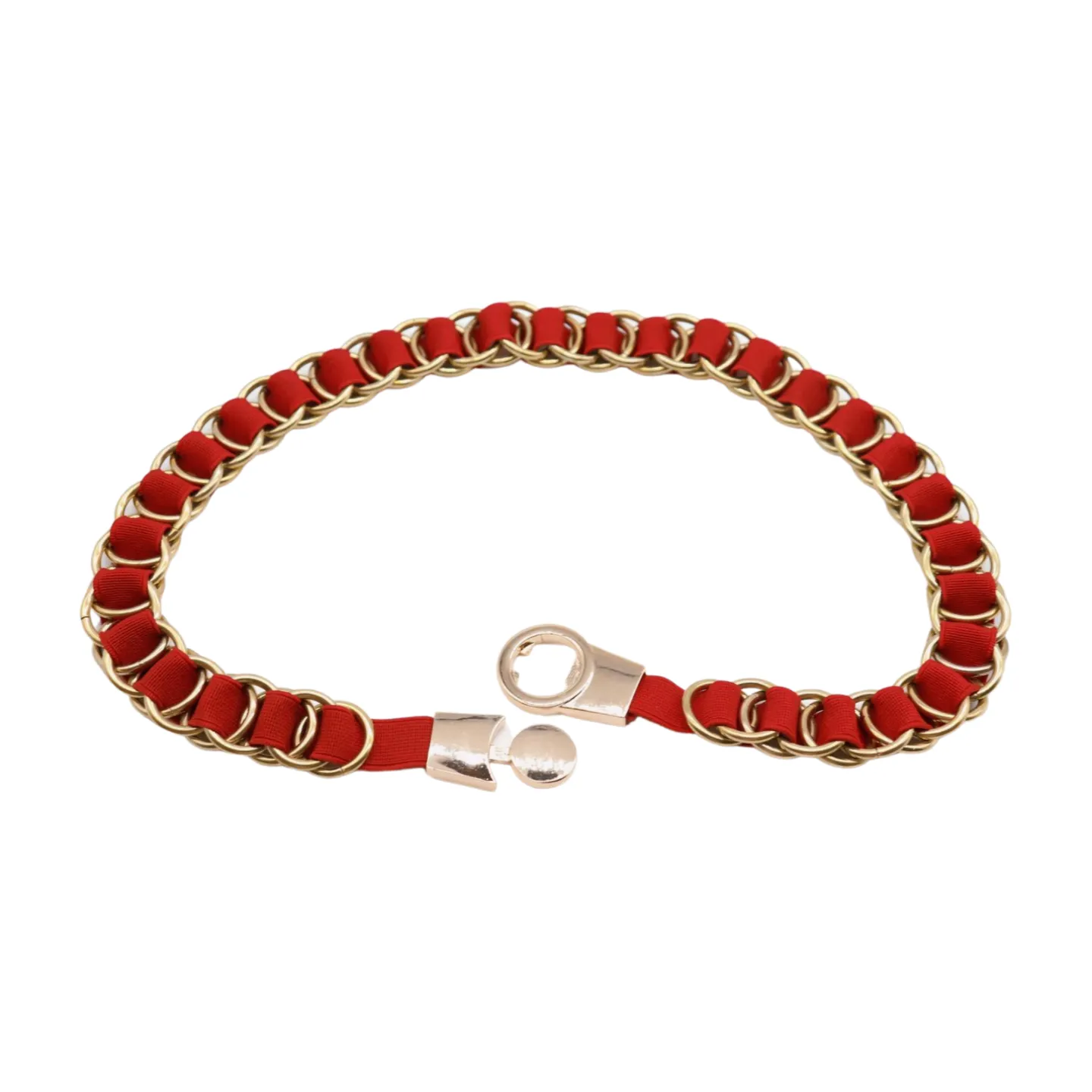 Red Elastic Skinny Band Belt Gold Chain Links S M