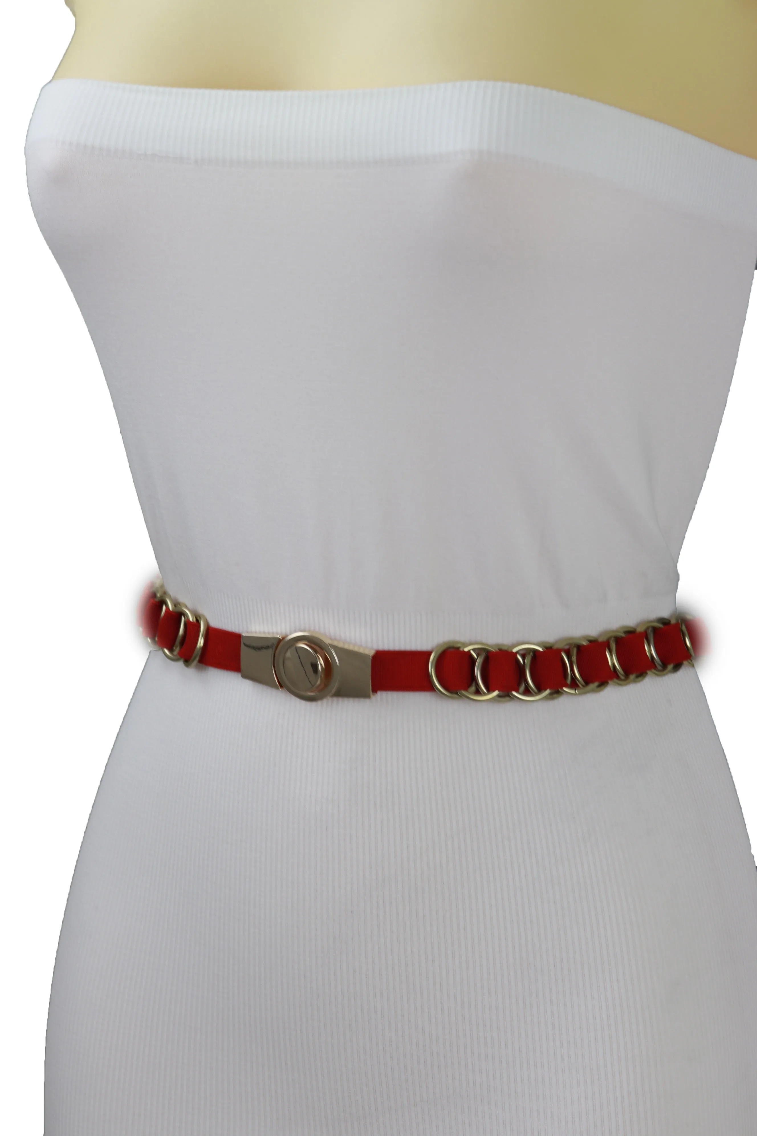 Red Elastic Skinny Band Belt Gold Chain Links S M