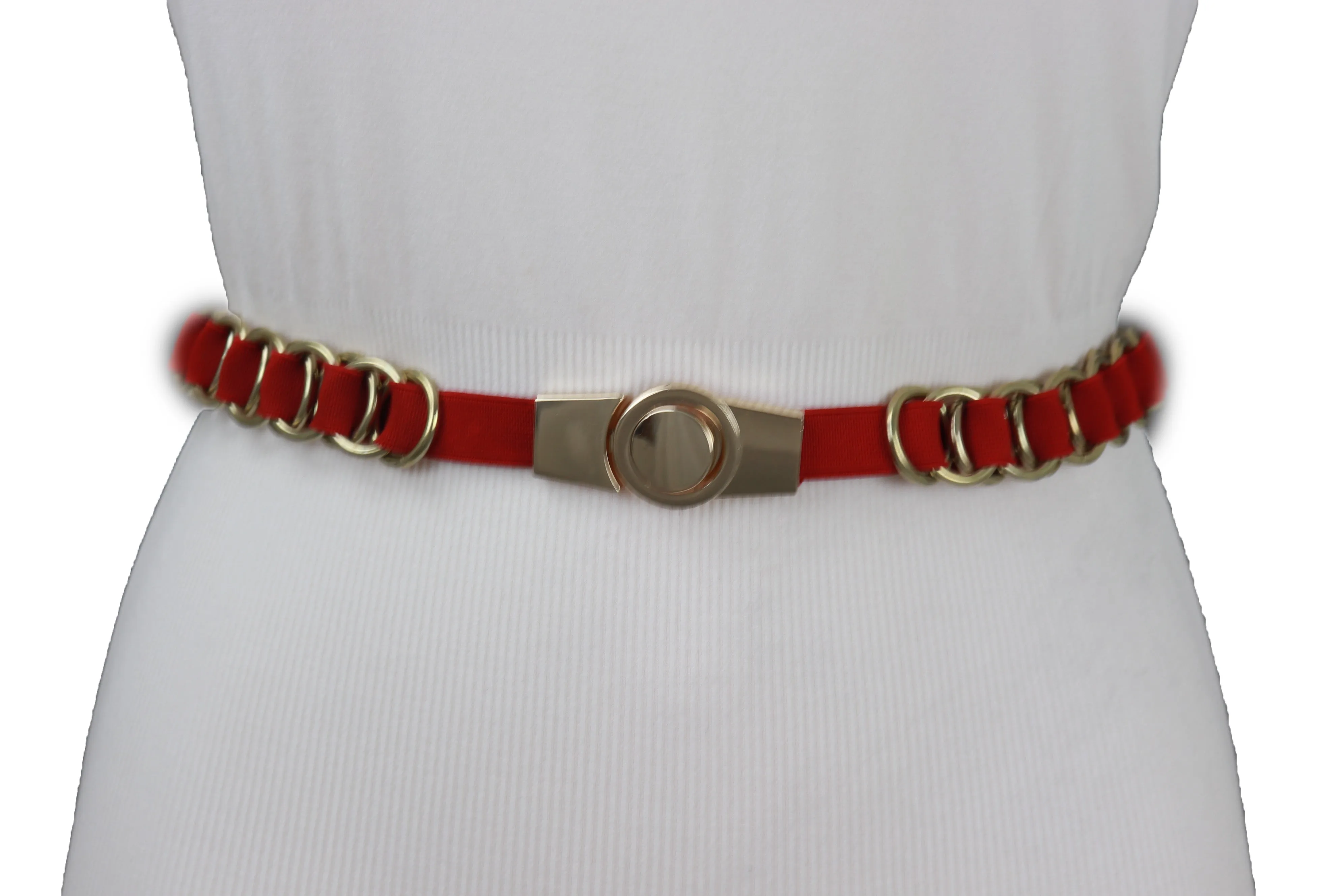 Red Elastic Skinny Band Belt Gold Chain Links S M